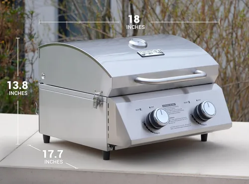 Vista 3 de Monument Grills Parrilla de gas propano de mesa para acampar al aire libre portátil cocinar con cerraduras de viaje, tapa alta de acero inoxidable