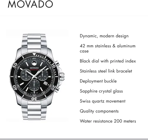 Vista 2 de Movado Reloj cronógrafo deportivo para hombre Serie 800 con esfera índice, negroplateadogris 2600142, DoradoNegro, Reloj de cuarzo, cronógrafo
