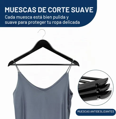 Vista 4 de Amber Home Perchas de madera maciza para trajes, paquete de 30 perchas de madera con acabado negro liso con barra antideslizante para pantalones