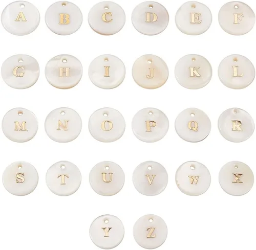 Vista 6 de Beadthoven - 104 dijes de letras del alfabeto de perlas de agua dulce naturales, redondos, dorados, redondos, del alfabeto A-Z, para bricolaje