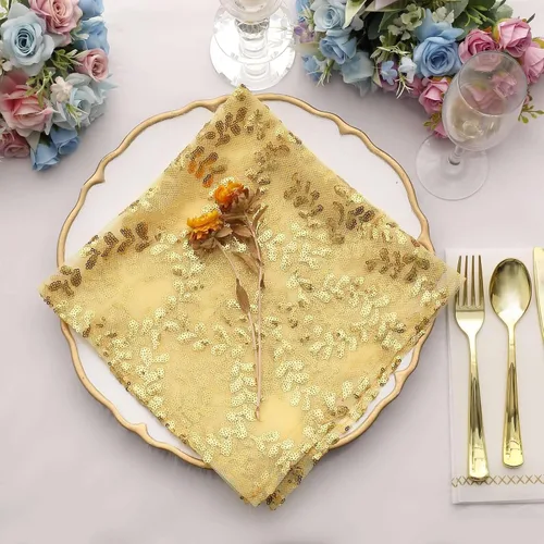 Vista 3 de Efavormart Servilletas de tela de cena con hojas de oro brillante y enredaderas bordadas con lentejuelas, servilletas decorativas transparentes