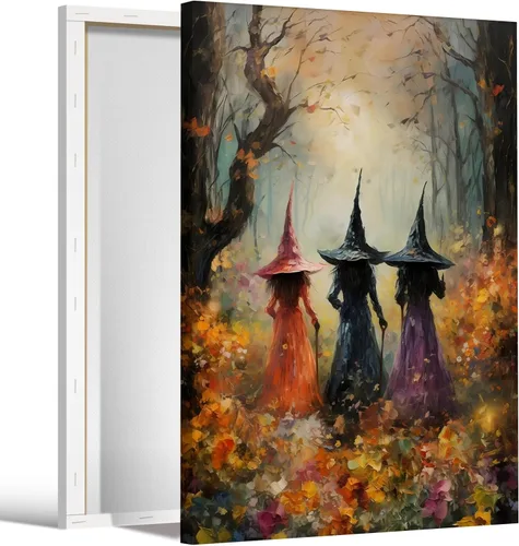 Vista 17 de Arte de pared vintage de Halloween embrujado de granja, parche de calabaza rústica con bonitos fantasmas, póster impreso en lienzo espeluznante