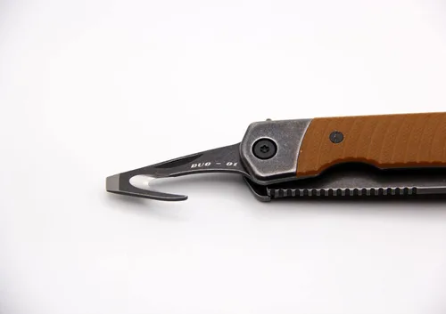Vista 4 de REVO Cuchillos Duo Drop Point wAux Cutter - Marrón Hoja 9CR con incrustaciones G10 en asas de acero inoxidable Multiherramienta de bloqueo
