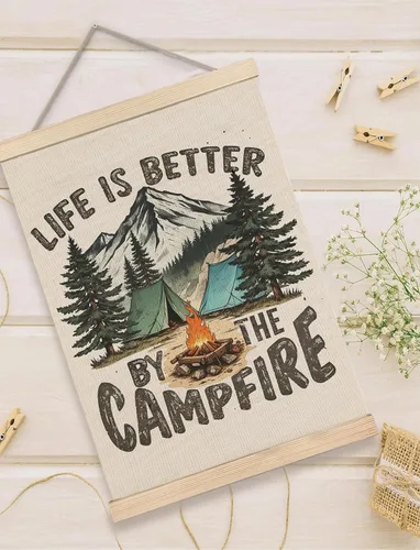 Vista 5 de Foritho Póster de camping con diseño de bosque bosque, arte enmarcado, regalos para amantes del senderismo, la vida es mejor por la fogata