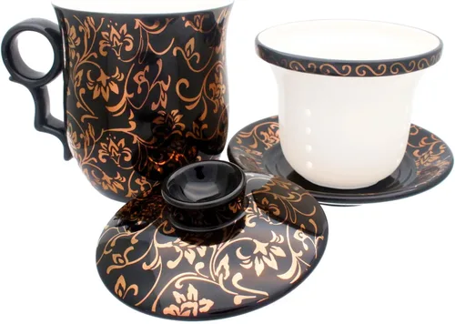 Vista 6 de Taza de té de porcelana con tapa de infusor y juegos de platillos – Taza de café de cerámica china Jingdezhen Taza de té de hoja suelta Sistema