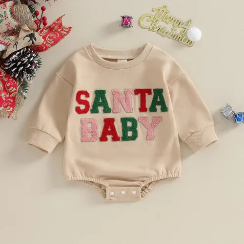 Vista 2 de Lesimsam Traje de Navidad para bebé recién nacido, con letras bordadas, mameluco de burbujas de gran tamaño, ropa de invierno