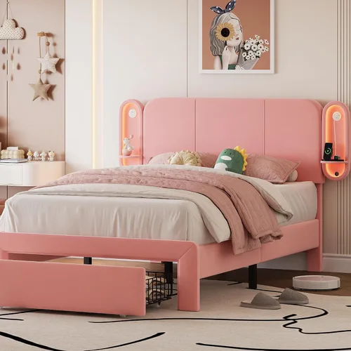 Vista 10 de Base de cama individual con cajones de almacenamiento y cabecera tapizada con estante lateral, marco de cama de terciopelo con luces LED, puerto USB