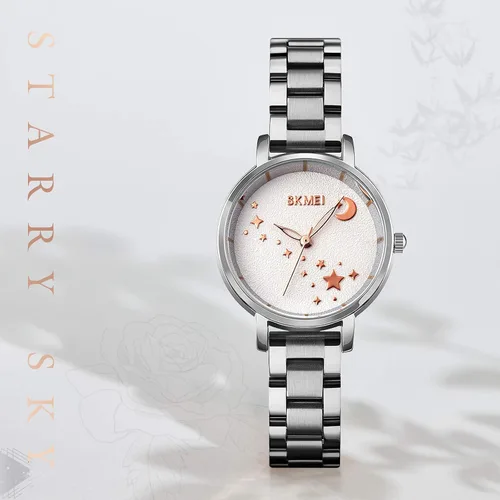 Vista 4 de SKMEI Reloj de mujer rectángulo oro rosa plata acero inoxidable impermeable cuarzo analógico Classic Blanco