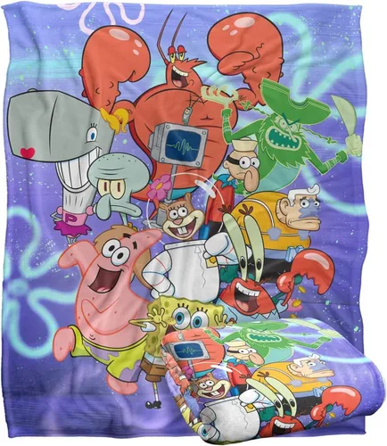 Vista 10 de Manta de Bob Esponja, 36 x 58 pulgadas, Bob Esponja, Grupo de Personajes, Tacto Sedoso, Manta Súper Suave