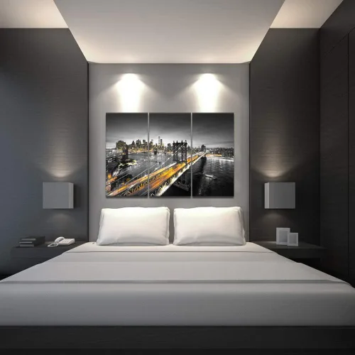 Vista 3 de SkenoArt 3 piezas de impresiones en lienzo con vista nocturna de Nueva York, imagen de paisaje urbano de Manhattan, arte de pared de puente