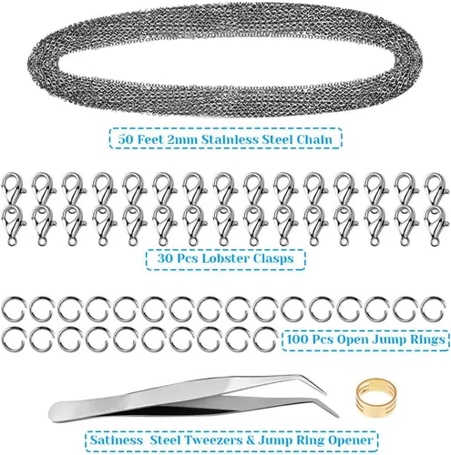 Vista 2 de Cadenas de 15 metros de acero inoxidable para hacer joyas, Anezus Cadena de joyería a granel, Cadenas metálicas pequeñas con 100 anillos de salto