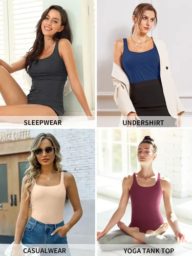Vista 21 de V FOR CITY Camiseta sin mangas de algodón para mujer con brasier de estante ajustable con correa ancha y tirantes básicos