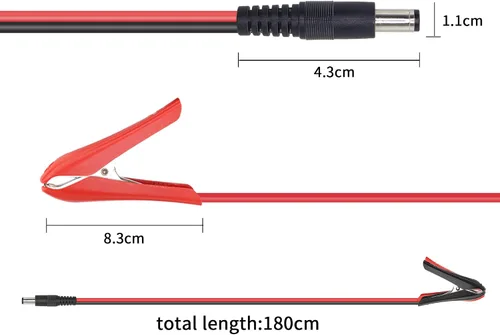 Vista 4 de YACSEJAO Cable de pinzas de cocodrilo de batería de CC 5.5 de 0.083 in macho a batería, cable de extensión de 12-24 V con abrazadera de batería