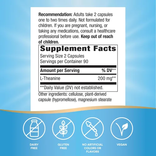 Vista 5 de Nature's Way L-teanina, apoyo al estrés.*, promueve la relajación*, 200 mg por porción de 2 cápsulas, vegano, 180 cápsulas (el embalaje puede variar)