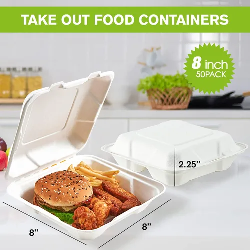 Vista 6 de ECOLipak Paquete de 50 recipientes de comida para llevar, 100% compostables, desechables, 8 x 8 pulgadas, cajas resistentes para llevar