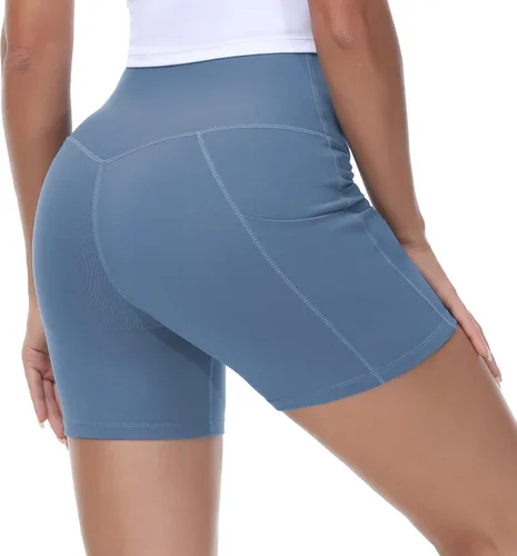 Vista 3 de Pantalones cortos de entrenamiento de cintura cruzada para mujer, con control de abdomen, de elastano, con bolsillos profundos