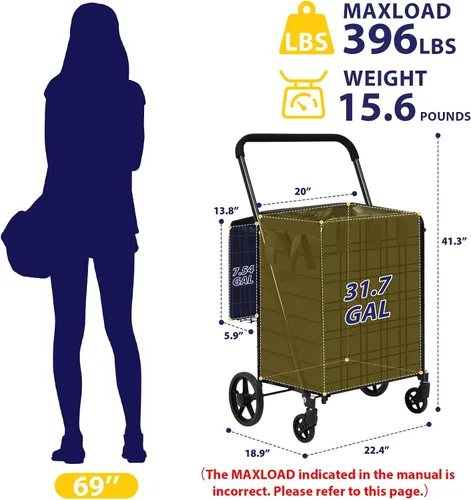 Vista 2 de Siffler Carrito de compras con capacidad de 396lbs, carrito de compras grande actualizado con ruedas, carritos de compras plegables resistentes