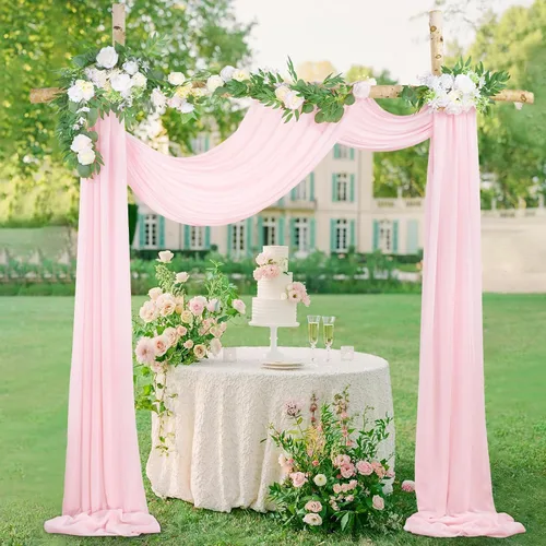 Vista 8 de Cortinas de boda con rosas polvorientas, 2 paneles de 6 yardas, cortinas de fondo transparentes para despedida de soltera, arcos de boda