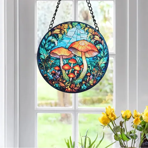 Vista 2 de HOTIYOK Vidrieras colgantes de hongos para jardín, diseño de bosque natural para decoración de interiores de cocina, regalos para mujeres, abuela
