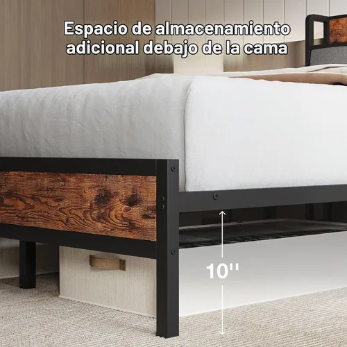 Vista 4 de Novilla Base de cama Queen con estación de carga USB/tipo C y cabecera de almacenamiento, marco de cama de plataforma de metal moderno, fácil