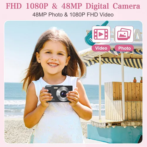 Vista 2 de Cámara Digital para Niños, FHD 1080P Apuntar y Disparar Cámara para Niños con Zoom Digital de 16X, Anti-Vibración, Flash, Tarjeta de 32GB, Cámara