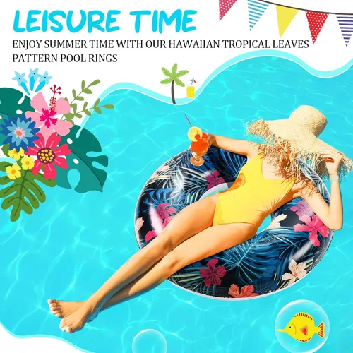 Vista 4 de Poen Flotadores grandes de piscina de 32 pulgadas con hojas tropicales, tubos inflables para piscina, anillos de piscina para adultos, suministros