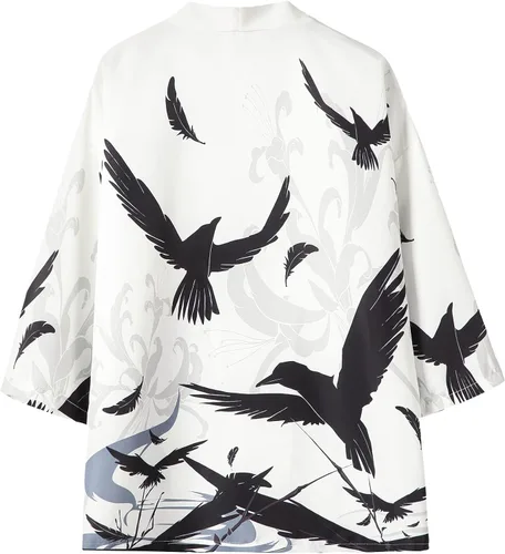 Vista 4 de PRIJOUHE Kimono japonés para hombre, holgado, frente abierto, manga siete kimono, chaqueta con pantalones cortos