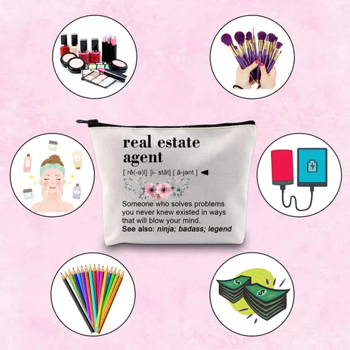 Vista 3 de TSOTMO Agente inmobiliario regalo divertido cierre regalo cremallera bolsa maquillaje bolsa para agente de bienes raíces, Beige, Resuelve Bienes