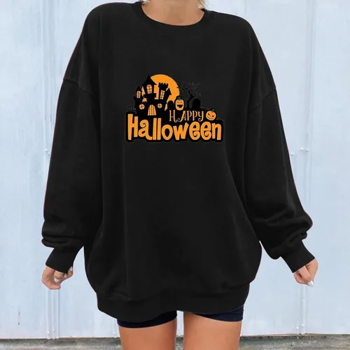 Vista 4 de Sudadera de Halloween con cuello redondo para mujer, estampado de calabaza, mangas caídas, jersey con letras
