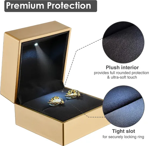 Vista 5 de Yeshom Caja de anillo LED para joyería, propuesta de compromiso de boda, anillo de oído iluminado, estuche colgante dorado