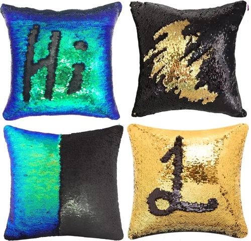 Vista 27 de MOCOFO Fundas de almohada decorativas de lentejuelas mágicas reversibles 16x16-2 de plata a oro + 2 de oro a negro de ante premium para habitación 4