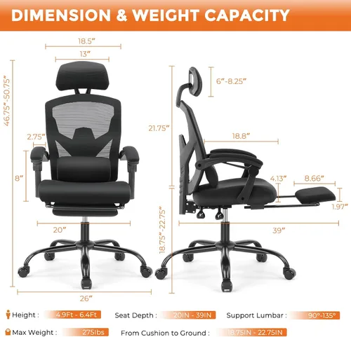 Vista 2 de Sweetcrispy Silla de escritorio para computadora de oficina, ergonómica, con respaldo alto, de malla, giratorias, con ruedas, cómodo soporte lumbar