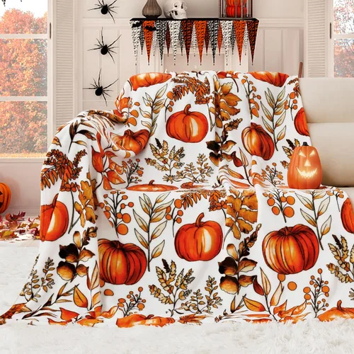 Vista 2 de ROMROL Manta de Halloween, manta de otoño, mullida, acogedora, suave, hojas de calabaza, manta de franela de felpa de forro polar, decoración
