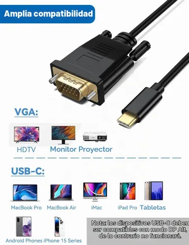 Vista 8 de Herfair - Cable USB C a VGA de 3 pies VGA a USB C adaptador de video Plug & Play 1080P Full HD Type-C Thunderbolt a 15Pin D-Sub pantalla