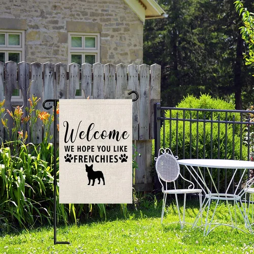 Vista 5 de PWHAOO Bandera de jardín de Frenchie Bandera de bulldog francés, bandera de bienvenida con texto en inglés "Welcome We Hope You Like Frenchies F
