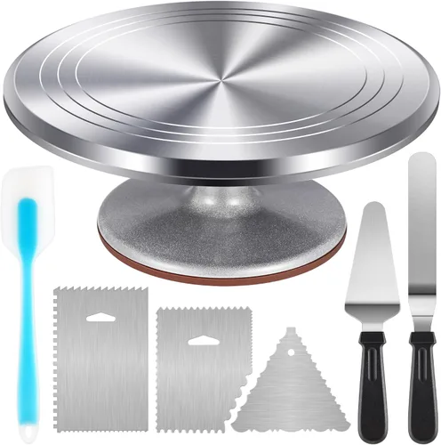 Vista 6 de Kootek Juego de tocadiscos de aluminio para tartas, herramientas para hornear con soporte giratorio de 12 pulgadas para decorar, espátula
