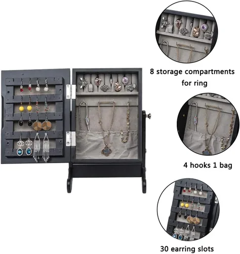 Vista 2 de Trlec Organizador de gabinete de joyería de espejo pequeño, caja de almacenamiento con soporte negro para colocar en mesa auxiliar, escritorio