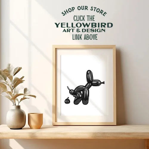 Vista 4 de Decoración de pared de baño en negro - Decoración de baño para hombres - divertidas señales de baño - Arte pop moderno de globos de perro en baño