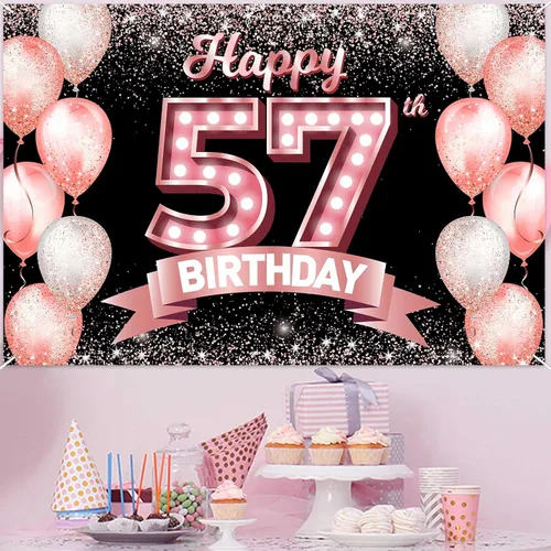 Vista 131 de Cartel de feliz cumpleaños décimo oro rosa, telón de fondo, saludos a 10 años, globos de confeti, decoración temática para niñas de 10 años