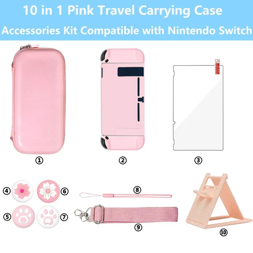 Vista 7 de OLDZHU Pink Travel Carrying Case Accessories Kit Compatible With Nintendo Switch - 10 in 1 Essential Protection Kits with Hard Protective
