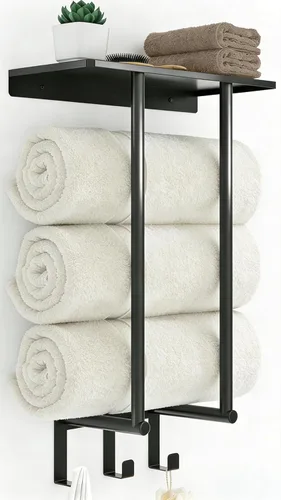 Vista 10 de Toalleros para baño, toallero con estante y 3 ganchos, soportes de almacenamiento de toallas de pared para toallas de baño enrolladas, color negro
