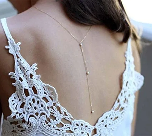 Vista 2 de Olbye Back Necklace Pearl Backdrop Necklaces Body Chain Jewelry for Women and Girls Bridal Jewelry