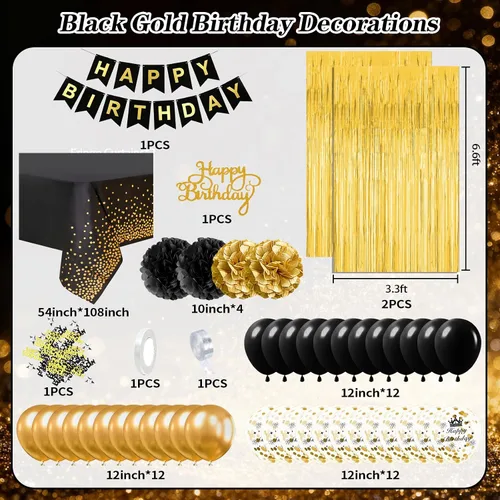Vista 2 de Adornos de cumpleaños para hombres y mujeres, adornos de fiesta negros y dorados, cartel de feliz cumpleaños con globos negros y dorados, mantel