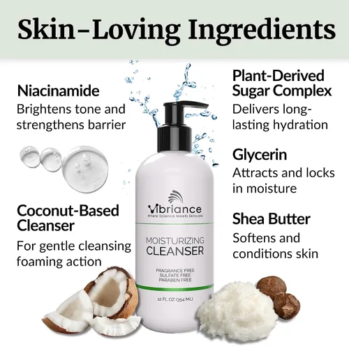 Vista 4 de Vibriance Limpiador hidratante, lavado facial de aceite a espuma con niacinamida, manteca de karité para pieles maduras, limpiador facial suave