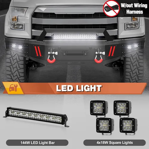 Vista 7 de Parachoques delantero para Ford F-150 2015-2017, F150 parachoques negro con placa de cabrestante, anillos en D, placa de matrícula de luces