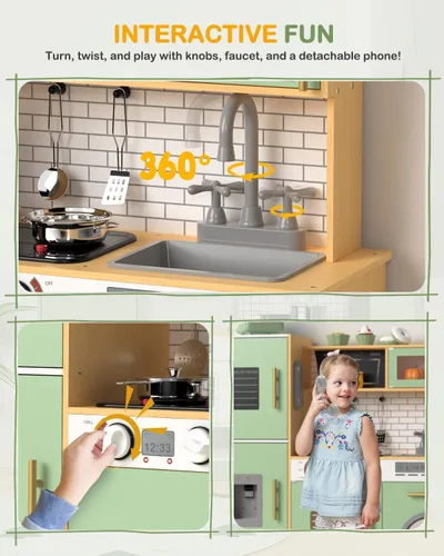Vista 5 de Babytronic Juego de cocina de madera para niños, cocina de juego interactiva con luces y sonidos, juego de cocina de juguete para niños con grifo