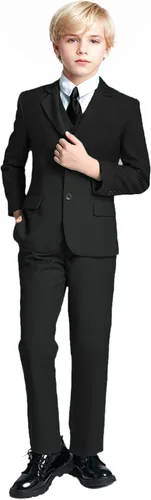 Vista 4 de Yanlu Conjunto de trajes formales de esmoquin para niños, color azul y negro, traje ajustado para bodas