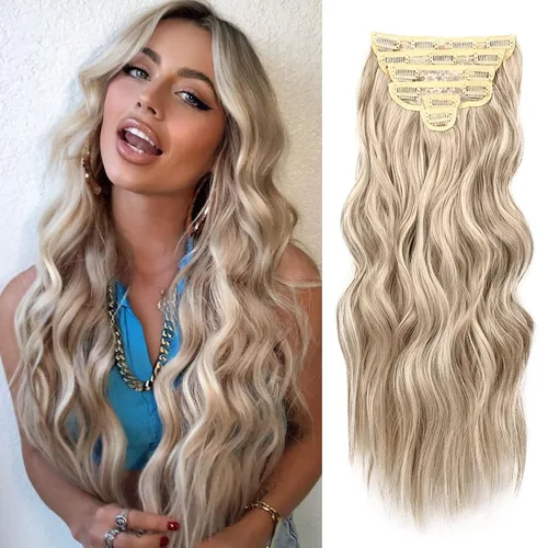Vista 16 de NAYOO - Extensiones de cabello con clip, extensiones sintéticas onduladas de 20 pulgadas, 6 unidades Wavy Curly Hair, Full Head Coverage, Heat