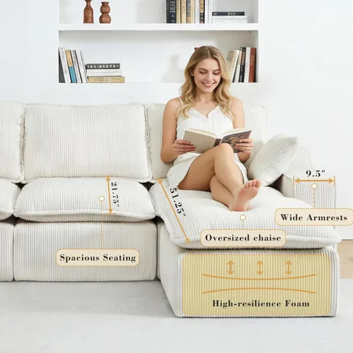 Vista 6 de Sofá seccional de pana sin hueso de 107 pulgadas para sala de estar, sofá modular con diván en forma de L, moderno sofá modular con asiento profundo
