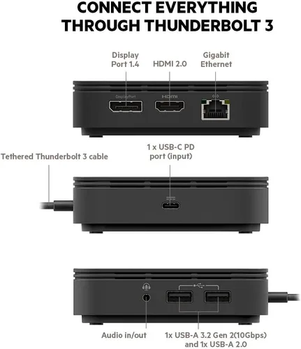 Vista 2 de Belkin Thunderbolt 3 Dock Core con cable Thunderbolt 3 - Hub USB C - Estación de acoplamiento 7 en 1 para Mac y Windows, carga ascendente de 60 W